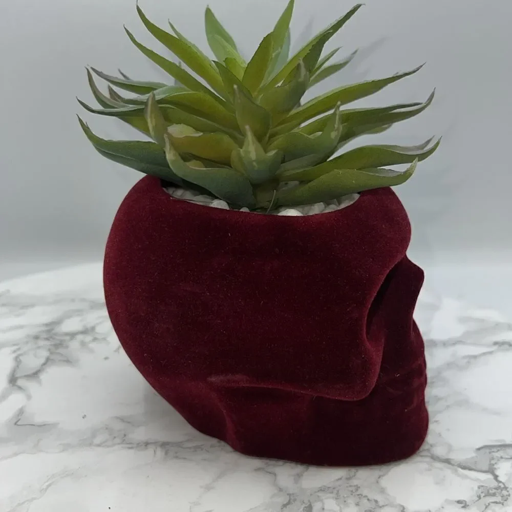 FLORA BUNDA Flocked Velvet Skull Planter with Artificial Succulent